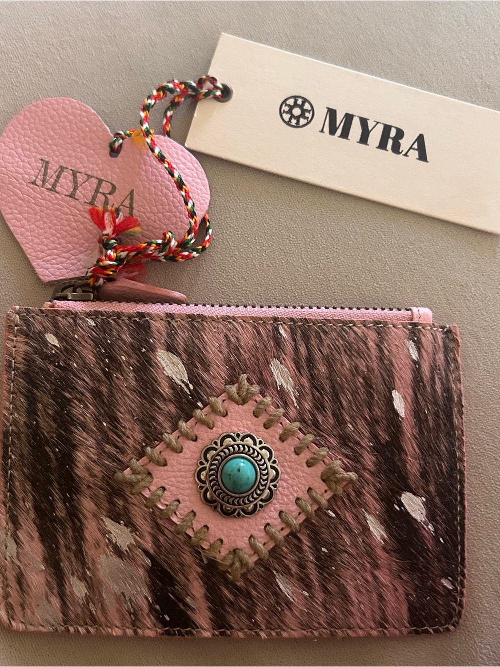 Myra Pink Tooled Leather Card Wallet with Turquoise Accent NWT